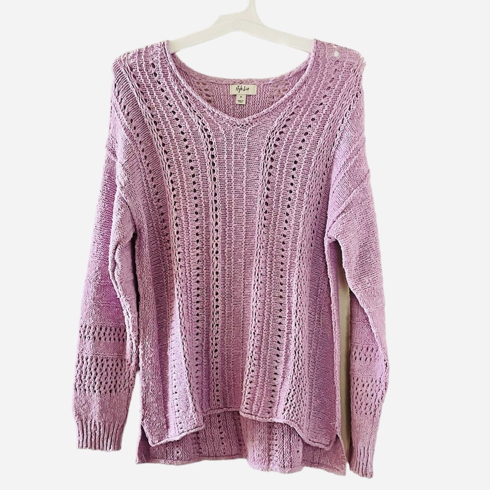 Style & Co. Spring Awakens Lavender V-Neck Crochet Knit Pointelle Sweater